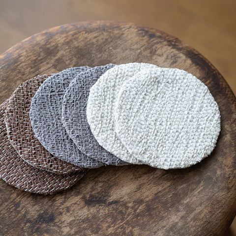 裂き織りコースター 丸 生成り／グレー／茶